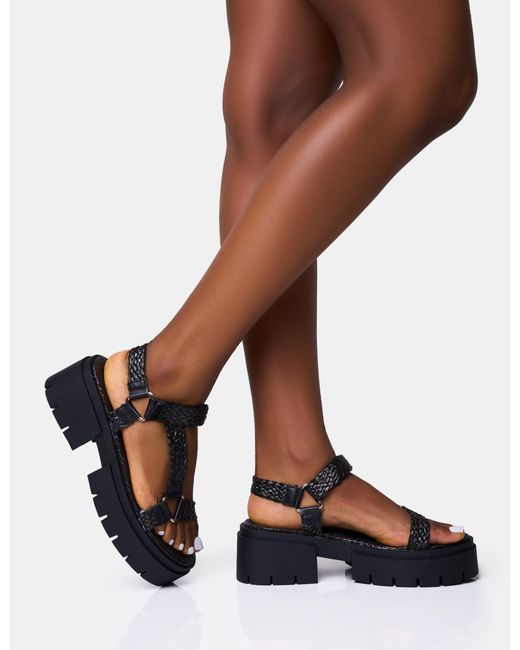 Public Desire Brown Hazard Black Raffia Chunky Dad Sandals