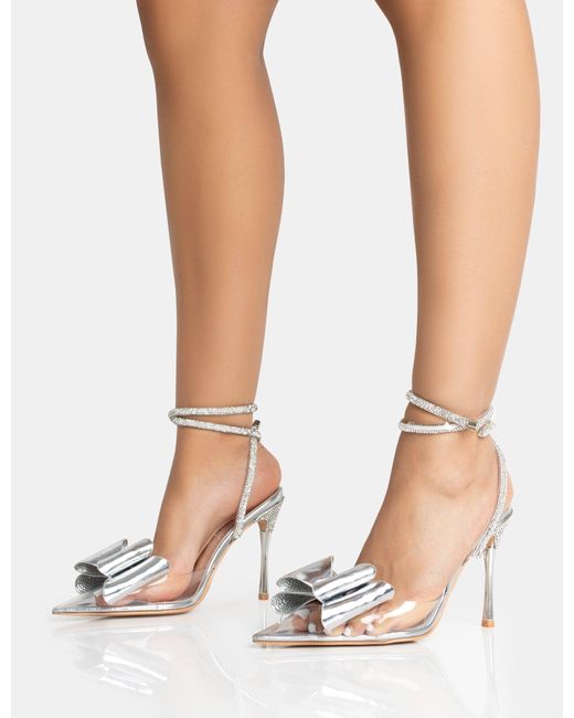 Public Desire Multicolor Angelic Silver Mirror Perspex Bow Diamante Wrap Around Pointed Court Stiletto Heel