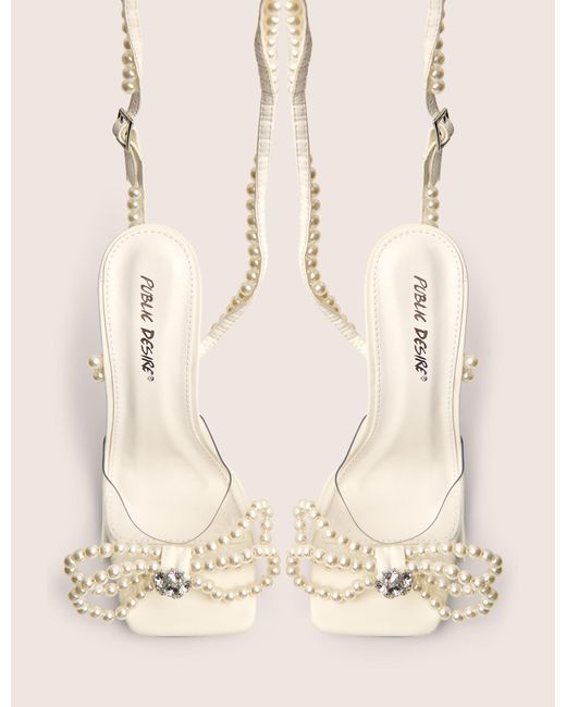Public Desire Brown Glimmer White Wrap Around Pearl Detail Bow Square Toe Cake Stand Heels