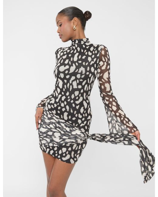 Public Desire White Mesh Knot Detail High Neck Mini Dress Animal Print