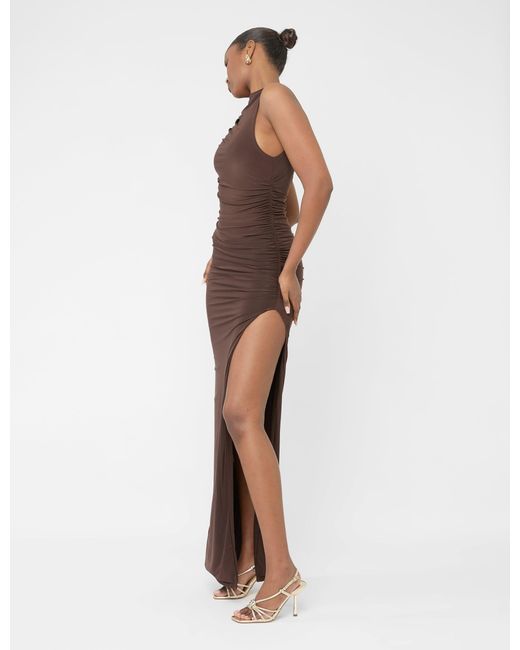 Public Desire Gray High Neck Ruched Detail Maxi Dress Chocolate