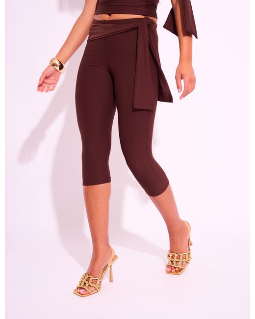 Public Desire Red Knot Detail Tie Side Luxe Slinky Capri Pants Chocolate