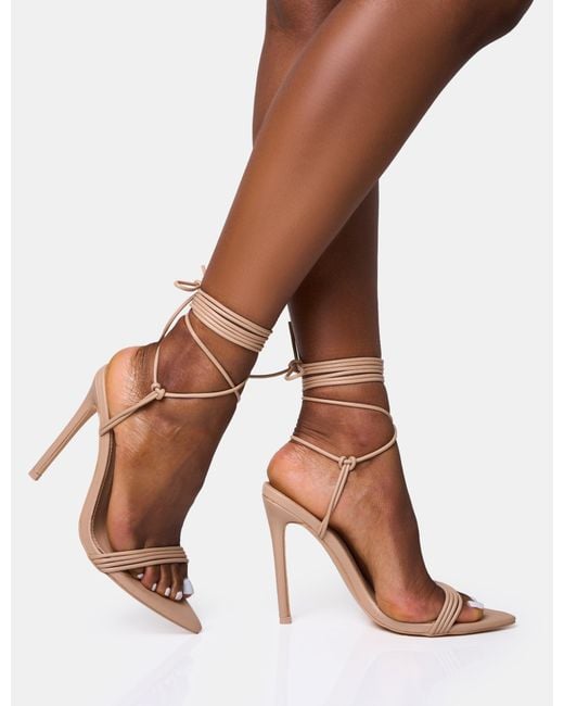 Public Desire Brown Merlot Nude Lace Up Wrap Around Pointed Toe Stiletto Heels
