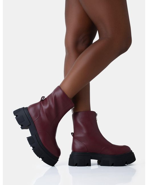 Public Desire Purple Bergen Burgundy Pu Zip Up Detailed Rounded Toe Chunky Soled Ankle Boots