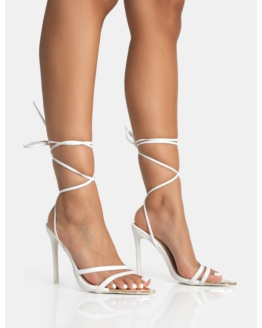 Public Desire Unapologetic White Satin Barely There Gold Pointed Toe Stiletto Heels
