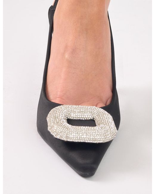 Public Desire White Floss Black Satin Diamante Embellished Sling Back Court Heels