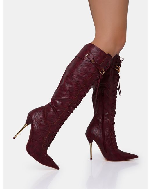 Public Desire Purple Infatuated Burgundy Croc Lace Up Buckle Feature Pointed Toe Gold Stiletto Knee High Boots