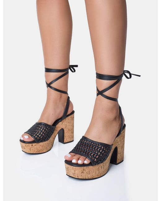 Public Desire Jos Black Wide Fit Netted Lace Up Cork Platform Sandals