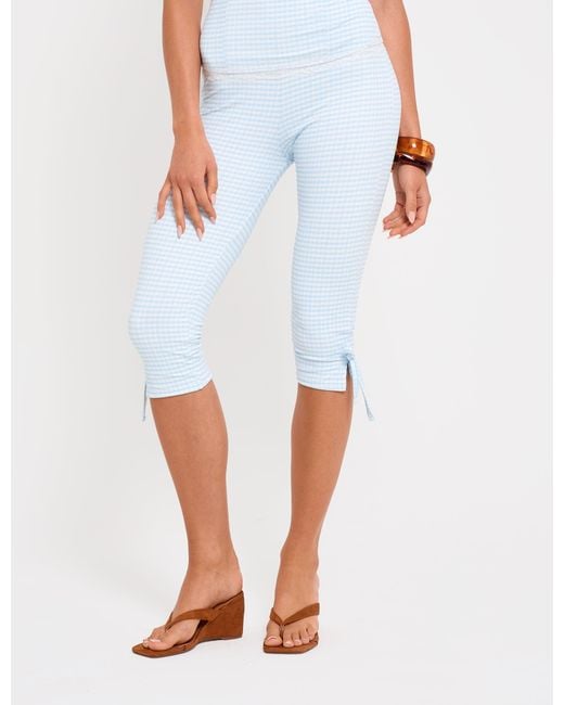 Public Desire Natural Gingham Lace Trim Capri Pant With Bow Tie Blue And White