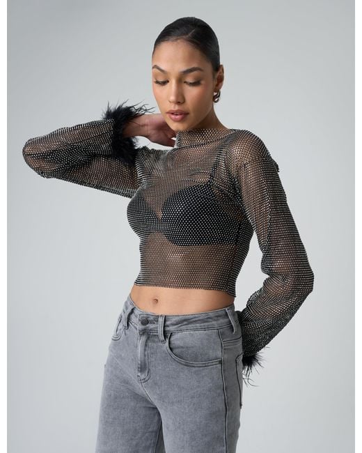Public Desire Gray Feather Cuff Detail Diamante Mesh Cropped Top Black