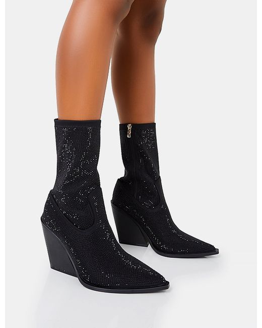 Public Desire White Wild One Black Diamante Western Cowboy Pointed Toe Block Heel Ankle Boots