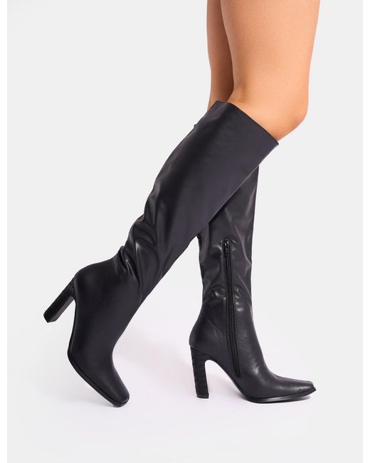 Public Desire Blue Acquilla Black Knee High Flared Heel Boots