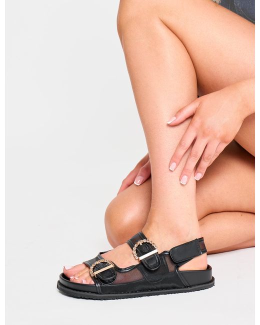 Public Desire White Fuda Black Mesh Diamante Buckle Detail Back Strap Sandals