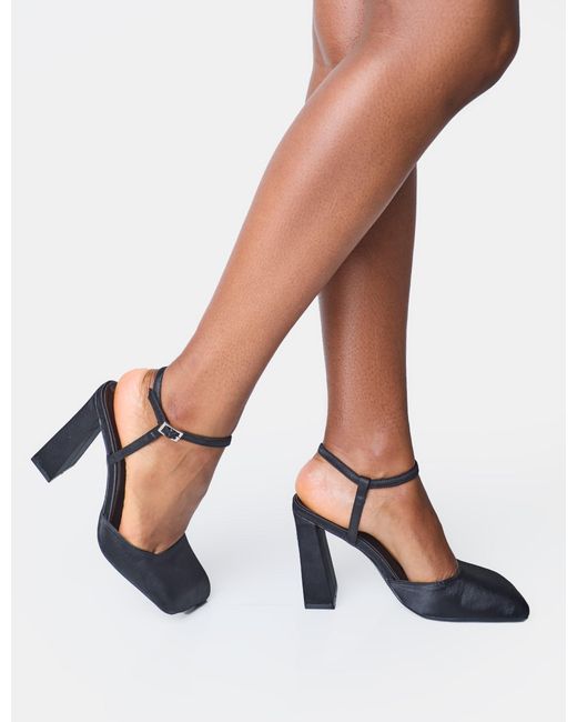 Public Desire White Leighton Black Satin Slant Toe Block Heels