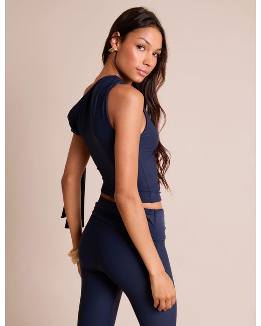 Public Desire Blue Knot Detail Asymmetric One Shoulder Luxe Slinky Top Navy