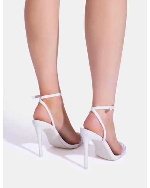 Public Desire Pink Velvetine White Double Pearl Strap Barely There Stiletto Heels