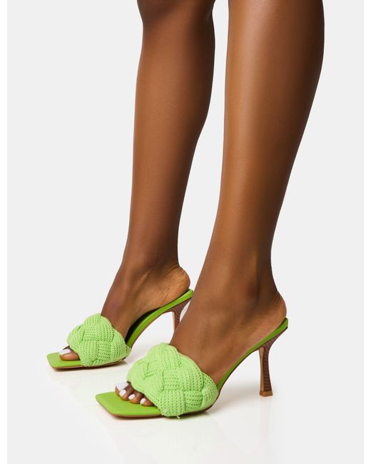 Public Desire Green Nectar Lime Wooden Stack Knitted Square Toe Heels