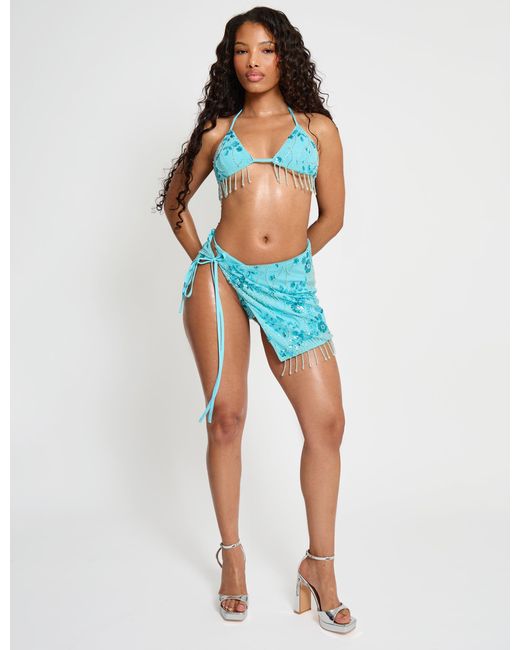 Public Desire Beaded Embellished Bikini Cover Up Skirt Blue