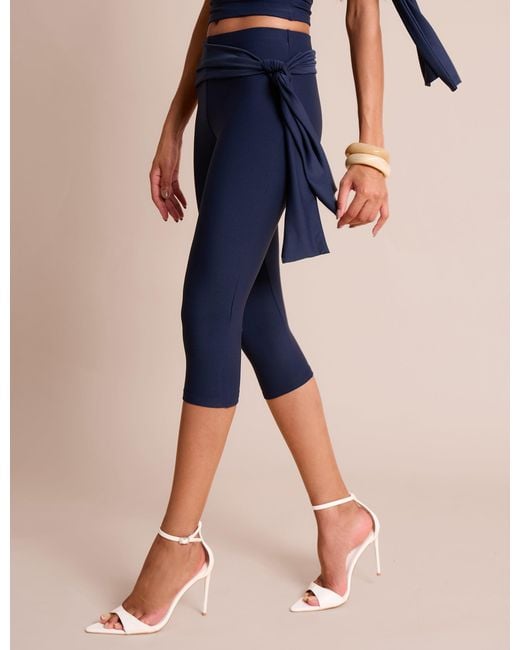 Public Desire Blue Knot Detail Tie Side Luxe Slinky Capri Pants Navy