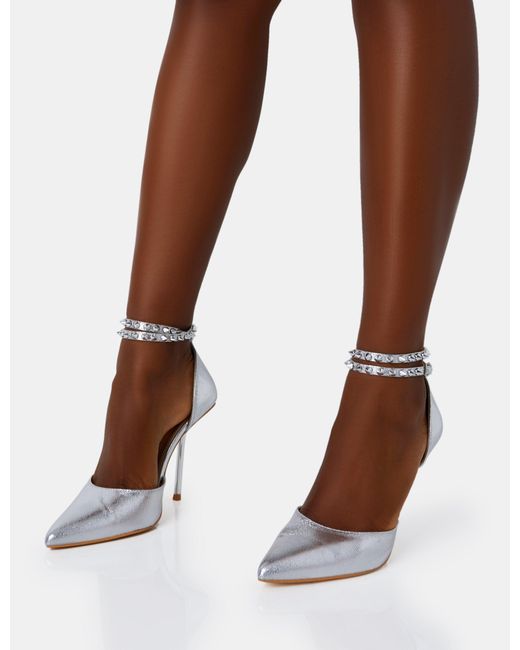 Public Desire Brown Hypnotize Silver Grain Stud Detail Strappy Stiletto Court Heels