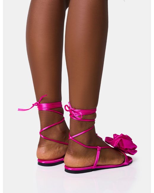 Public Desire Magnolia Pink Flower Corsage Lace Up Flat Sandals