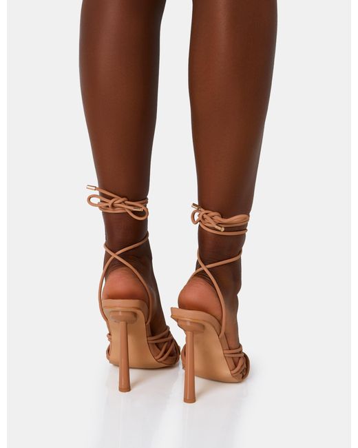 Public Desire Brown Glow Up Wide Fit Nude Pu Knotted Strappy Lace Up Square Toe Stiletto Heels