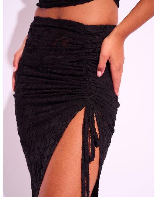 Public Desire Tie Detail Textured Floral Split Maxi Skirt Black