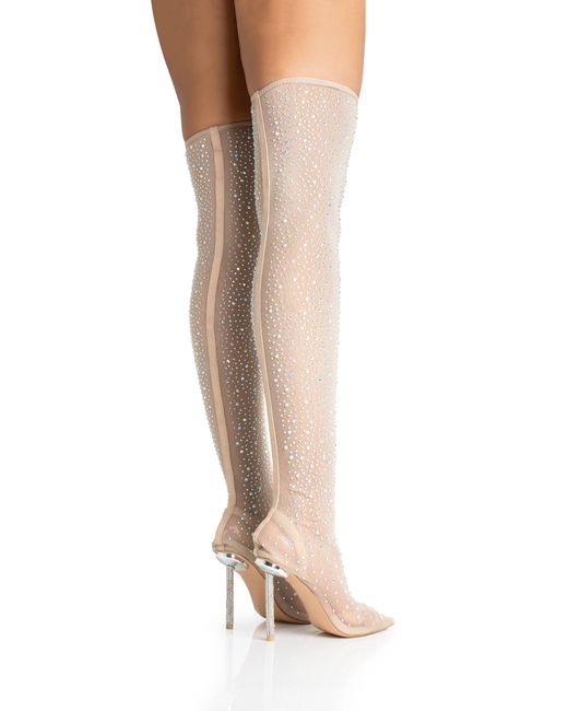 Public Desire White It Girl Nude Diamante Holographic Detailed Mesh Pointed Toe Stiletto Sock Boot Heels