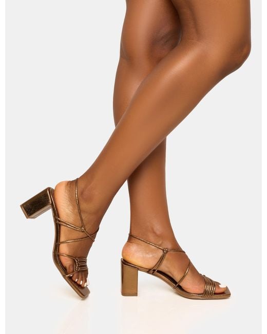 Public Desire Brown Taryn Wide Fit Bronze Knotted Upper Block Mid Heel Sandals