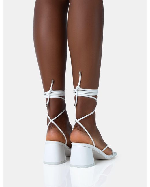 Public Desire Brown Aerin White Pu Lace Up Strappy Square Toe Block Mid Heels