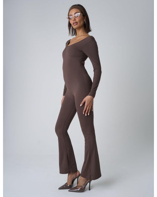 Public Desire Brown Cut Out Back Detail Long Sleeve Jumpsuit Beige