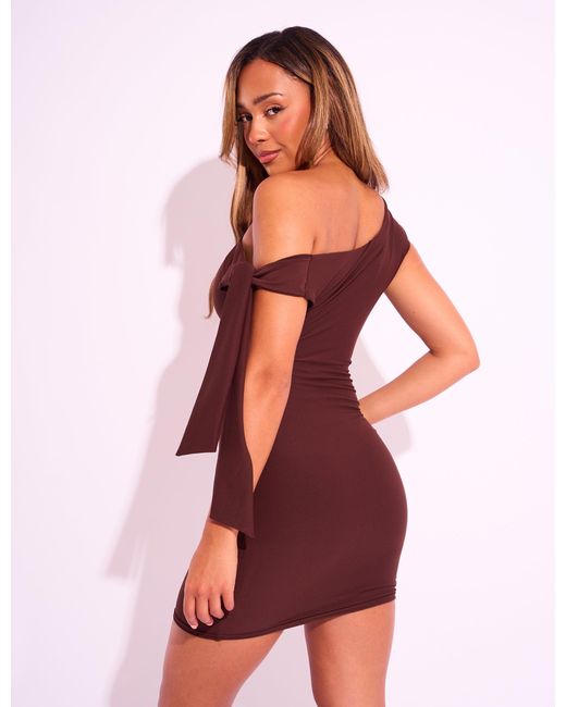 Public Desire Red Knot Detail Asymmetric One Shoulder Luxe Slinky Mini Dress Chocolate