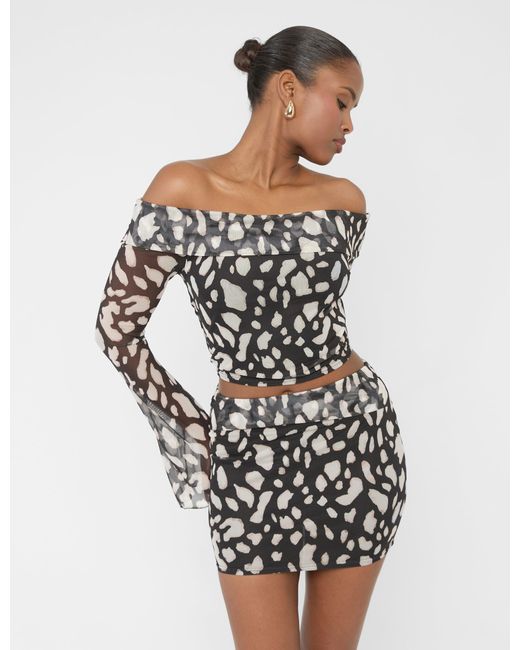 Public Desire White Mesh Bardot Fold Over Long Sleeve Crop Top Animal Print