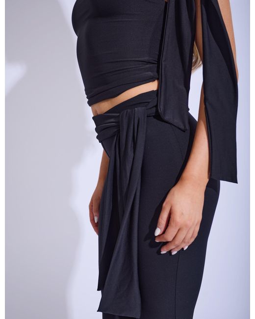 Public Desire Blue Knot Detail Tie Side Luxe Slinky Capri Pants Black
