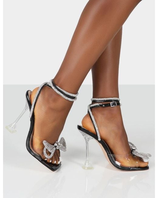 Public Desire Glimmer Wide Fit Black Wrap Around Diamante Bow Square Toe Heels