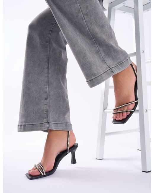 Public Desire Gray Razzle Dazzle Black Embellished Ankle Strap Mid Heels