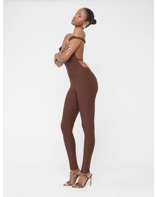 Public Desire Natural Twist Back Detail Off The Shoulder Luxe Slinky Jumpsuit Brown