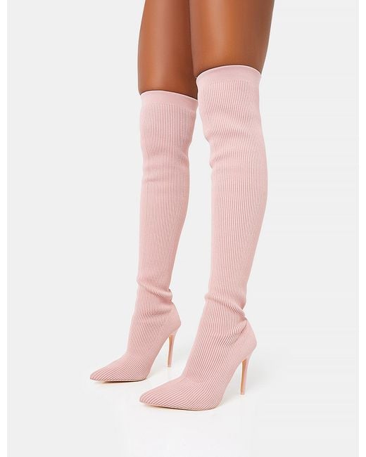 Public Desire Chateau Wide Fit Dusty Pink Knitted Sock Stilleto Over The Knee Pointed Toe Boots