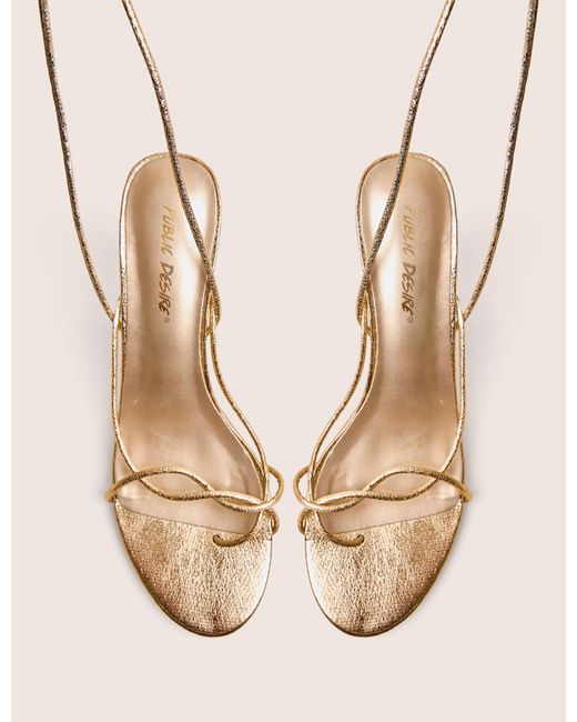 Public Desire Pink Birdie Gold Cracked Pu Lace Up Mid Heels