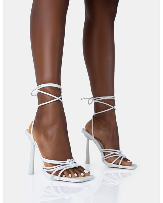 Public Desire Brown Glow Up White Pu Knotted Strappy Lace Up Square Toe Stiletto Heels