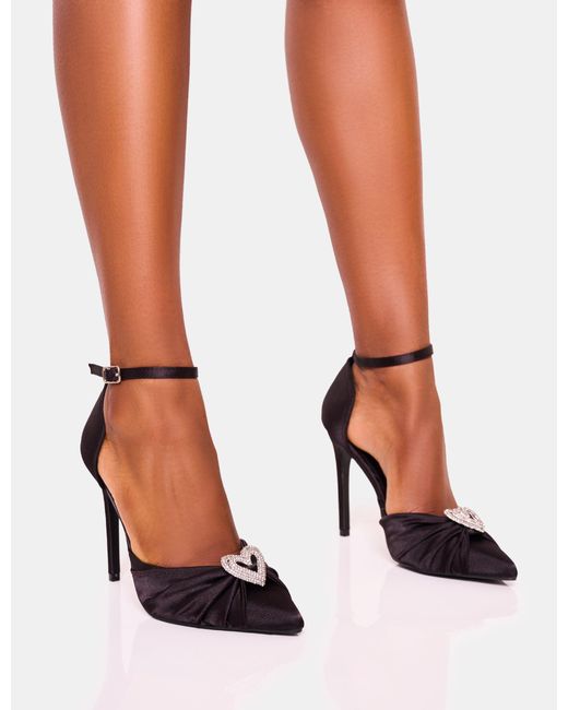 Public Desire Multicolor Meant To Be Black Satin Diamante Heart Court Stiletto Heel
