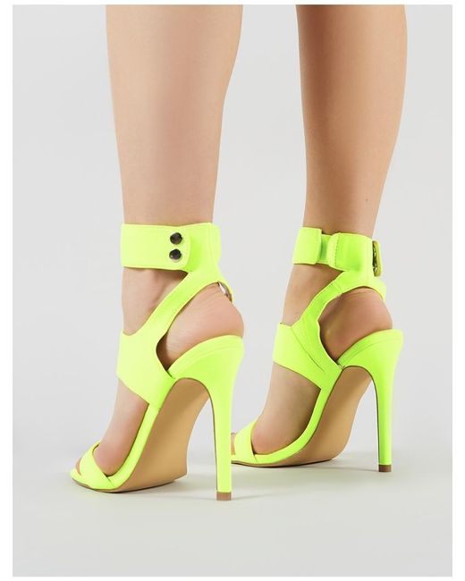 Public Desire Satin Pulse Strappy Stiletto Heels In Neon Yellow - Lyst