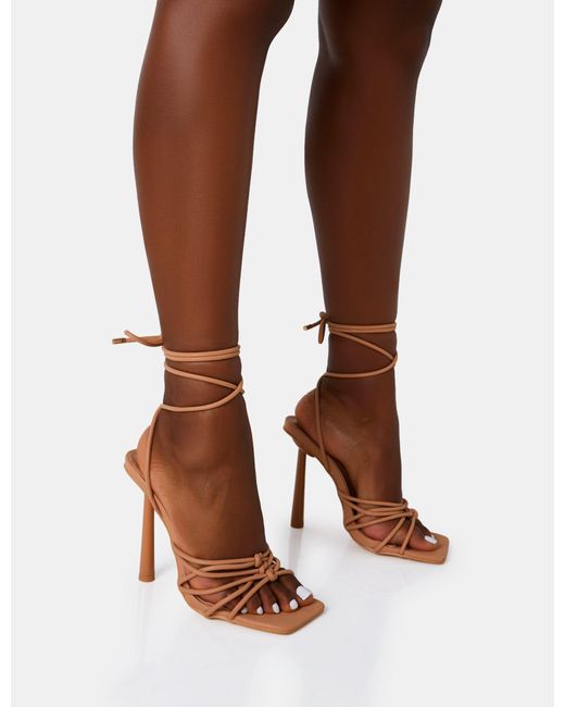 Public Desire Brown Glow Up Wide Fit Nude Pu Knotted Strappy Lace Up Square Toe Stiletto Heels