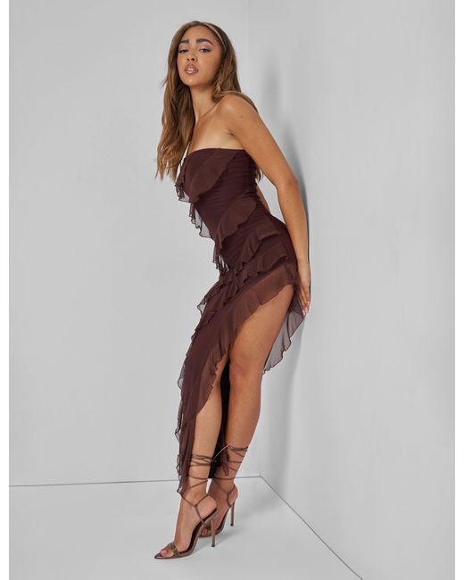 Public Desire Frill Detail Asymmetric Midaxi Dress Brown