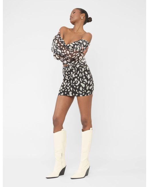 Public Desire White Mesh Bardot Fold Over Long Sleeve Crop Top Animal Print