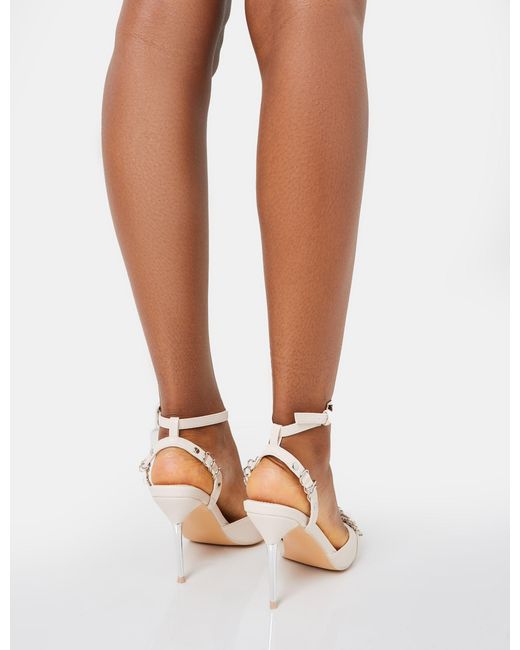 Public Desire Brown Prowl Cream Pu Strappy Metal Detailed Slingback Wrap Around The Ankle Pointed Court Stiletto Heels