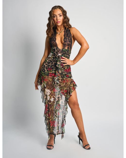 Public Desire White Lace Plunge Halter Neck Ruffle Maxi Dress Multi