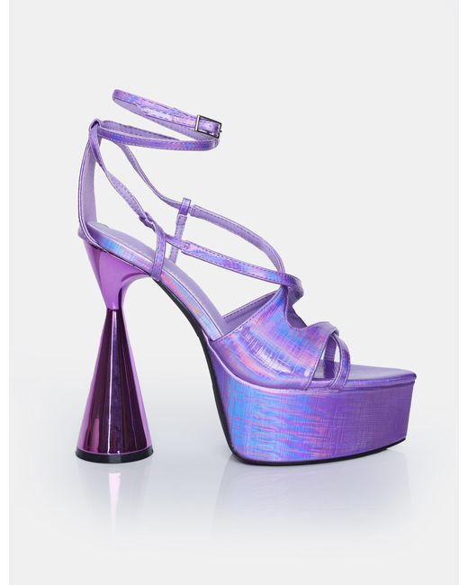 Public Desire Tina Iridescent Metallic Purple Asymmetric Cut Out Strappy Ankle Platform Flared Block Heel