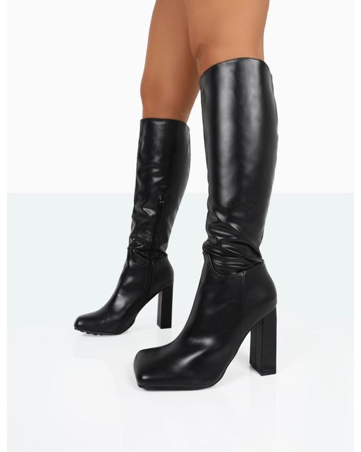 Public Desire Gia Black Box Pu Square Toe Block Heel Knee High Boots | Lyst