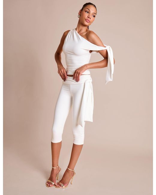 Public Desire Natural Knot Detail Tie Side Luxe Slinky Capri Pants White